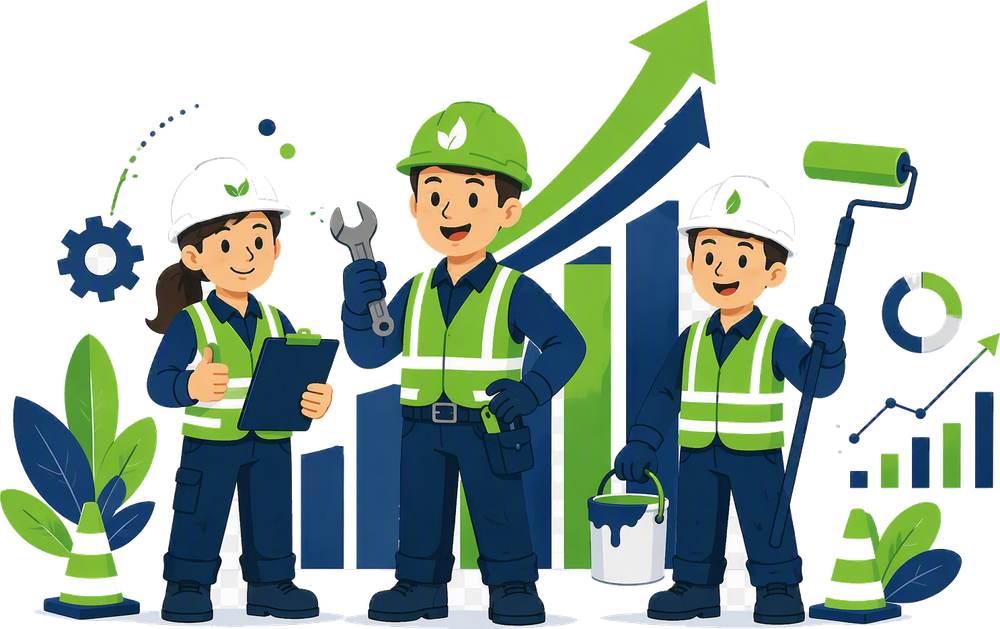 2D cartoon construction team illustration with growth themed graphics